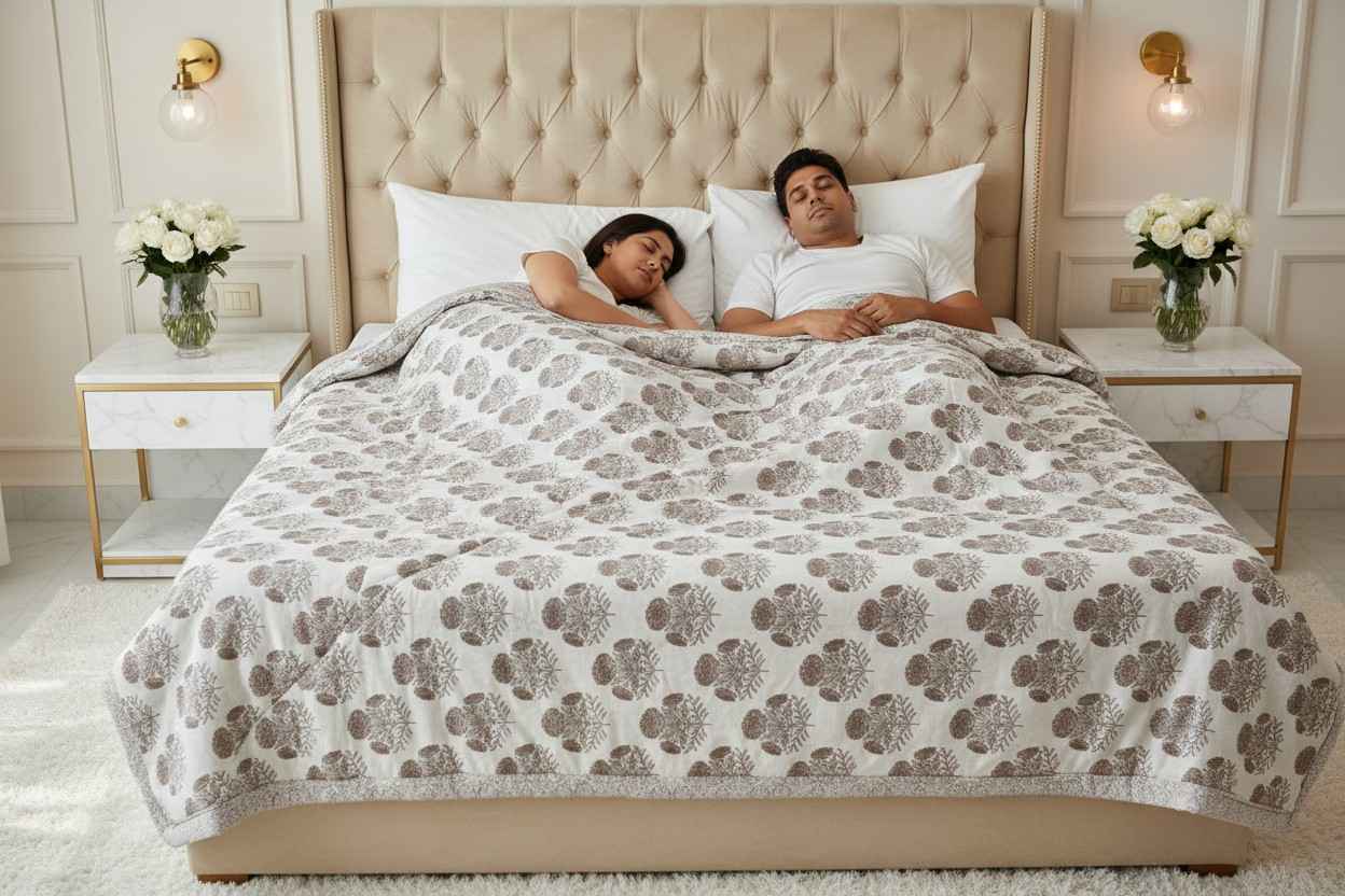 Dohar Double Bed  | Marigold Floral Block Print | AC Dohar | 100% Cotton