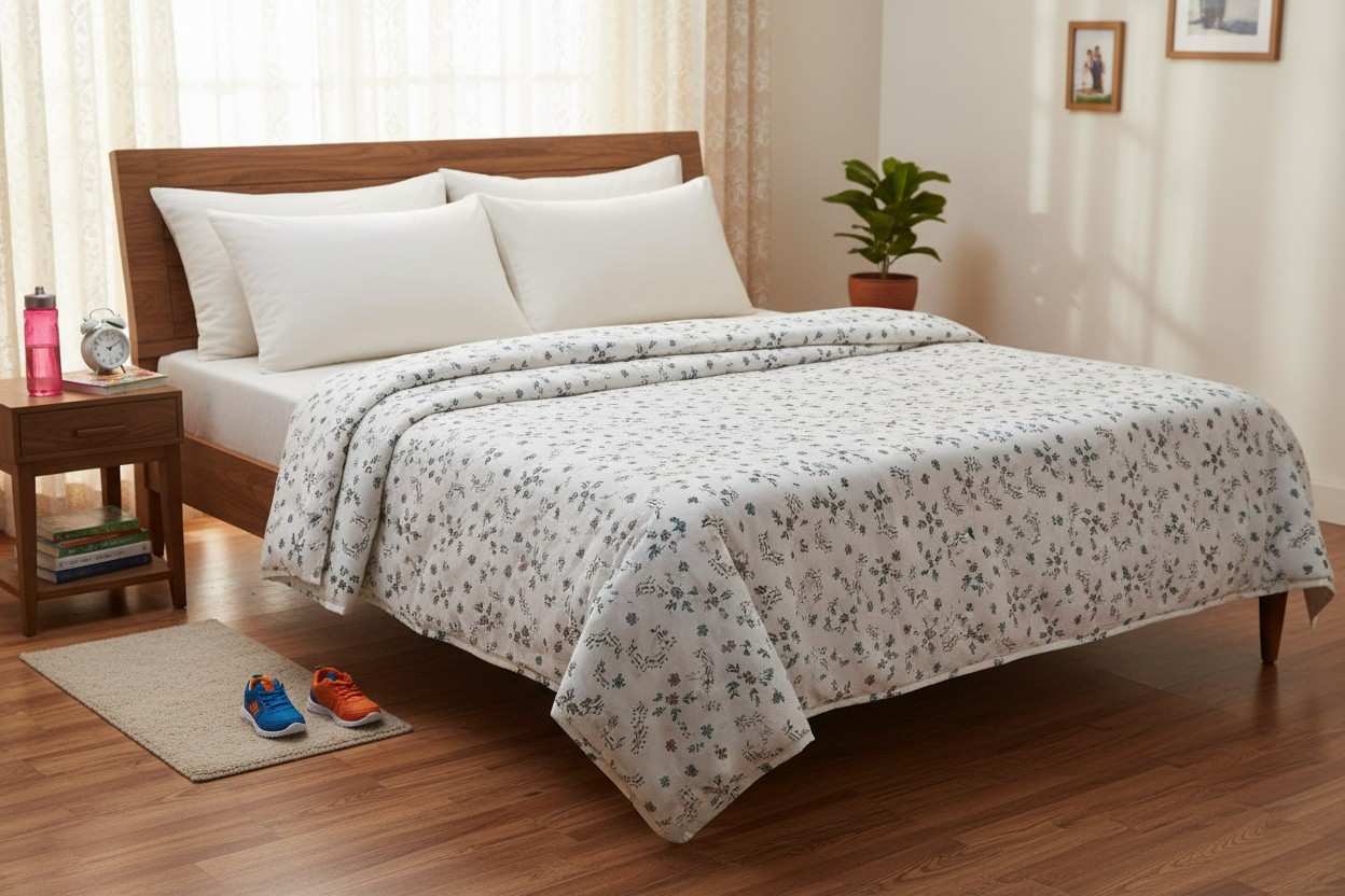 Dohar Double Bed | Teal Floral Bouquet & Geometric Print | 100% Cotton
