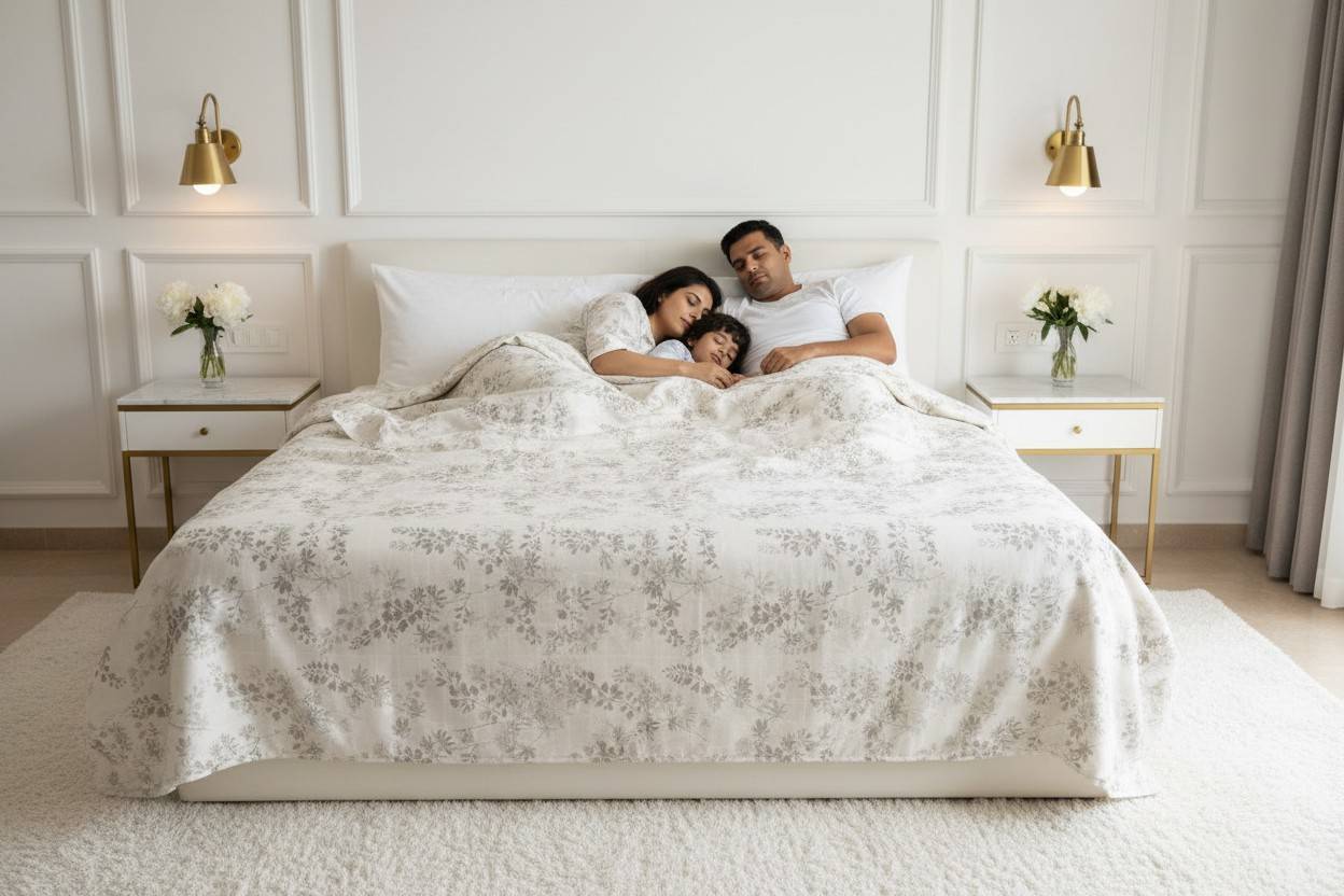 Dohar Double Bed | Silver Botanical Leaf & Vine Print | Reversible | 100% Cotton