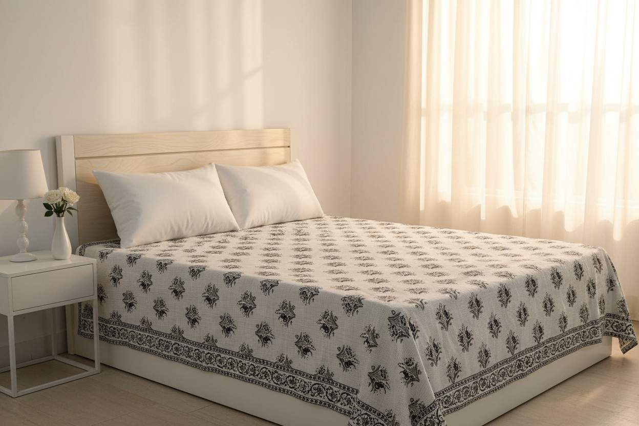 Dohar Double Bed| Mughal Floral Medallion Block Print | Reversible | 100% Cotton