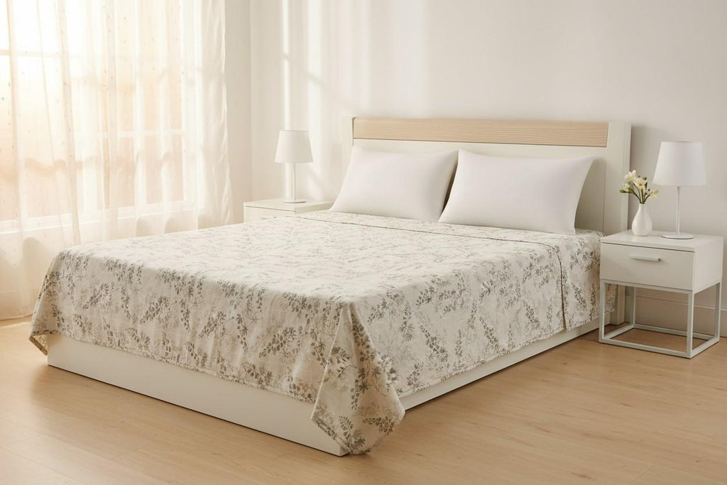 Dohar Double Bed | Silver Botanical Leaf & Vine Print | Reversible | 100% Cotton