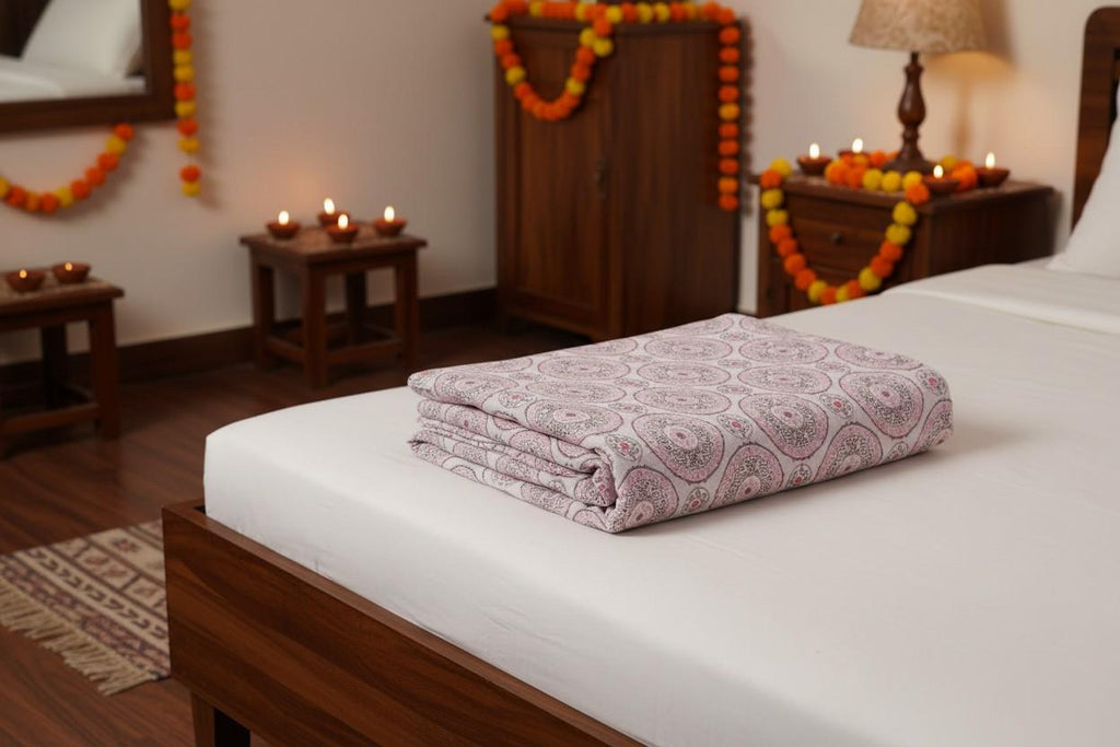 Dohar Single Bed | Blush Pink Medallion Print | AC Dohar | 100% Cotton (Set of 2 Pcs)
