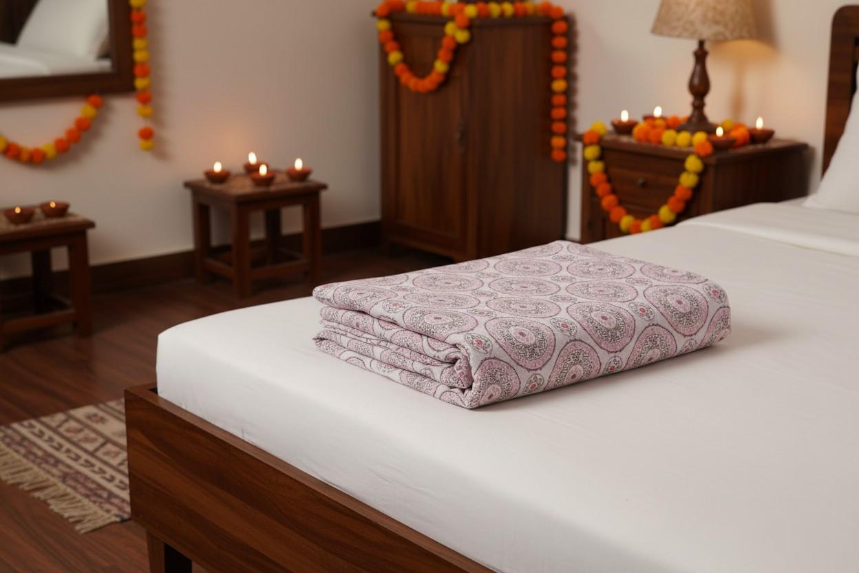 Dohar Single Bed | Blush Pink Medallion Print | AC Dohar | 100% Cotton (Set of 2 Pcs)