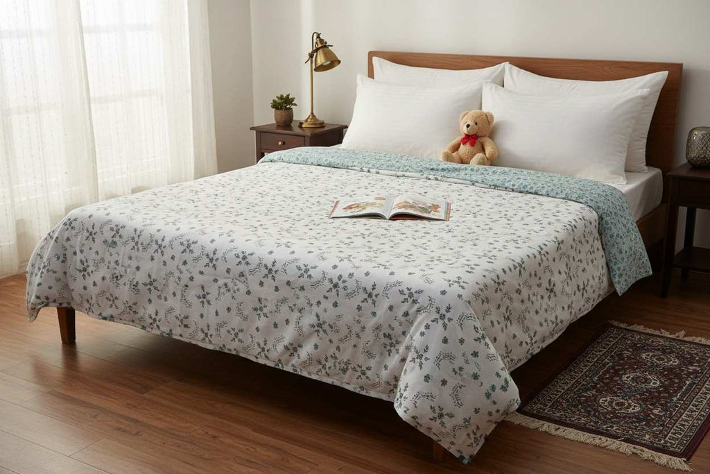 Dohar Double Bed | Teal Floral Bouquet & Geometric Print | 100% Cotton