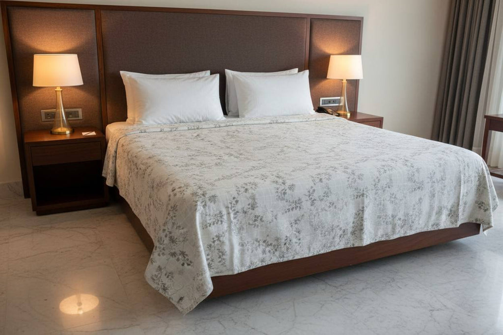 Dohar Double Bed | Silver Botanical Leaf & Vine Print | Reversible | 100% Cotton