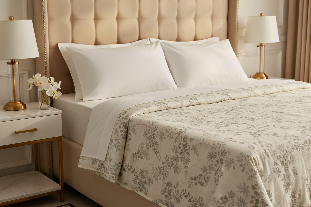 Dohar Double Bed | Silver Botanical Leaf & Vine Print | Reversible | 100% Cotton
