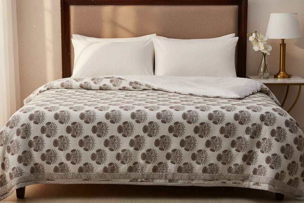 Dohar Double Bed  | Marigold Floral Block Print | AC Dohar | 100% Cotton
