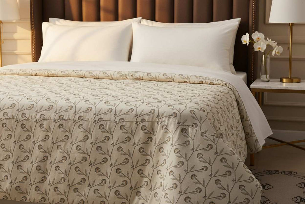Dohar Double Bed | Trailing Vine & Poppy Bud Block Print | 100% Cotton