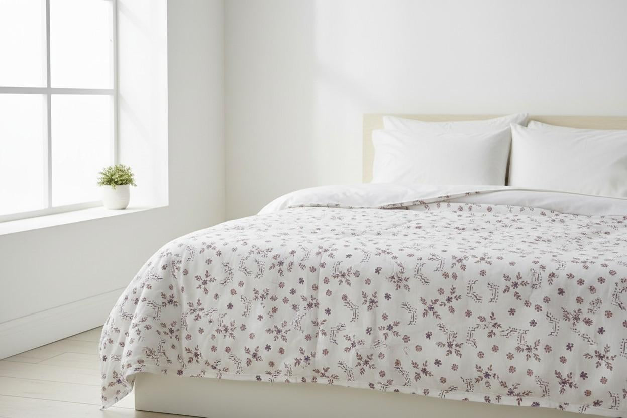 Dohar Double Bed | Floral Bouquet & Geometric Print | 100% Cotton