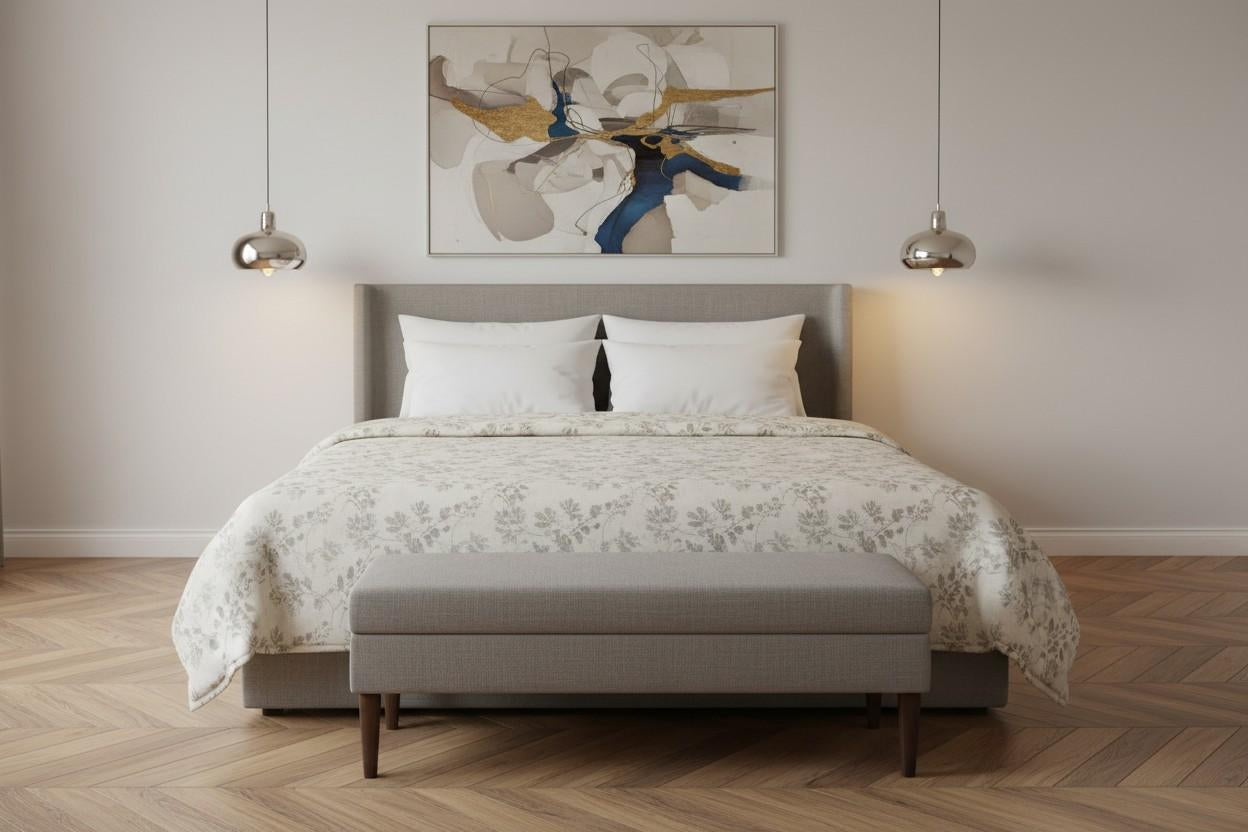 Dohar Double Bed | Silver Botanical Leaf & Vine Print | Reversible | 100% Cotton