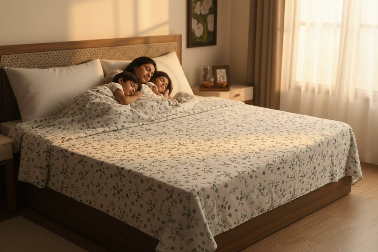 Dohar Double Bed | Teal Floral Bouquet & Geometric Print | 100% Cotton