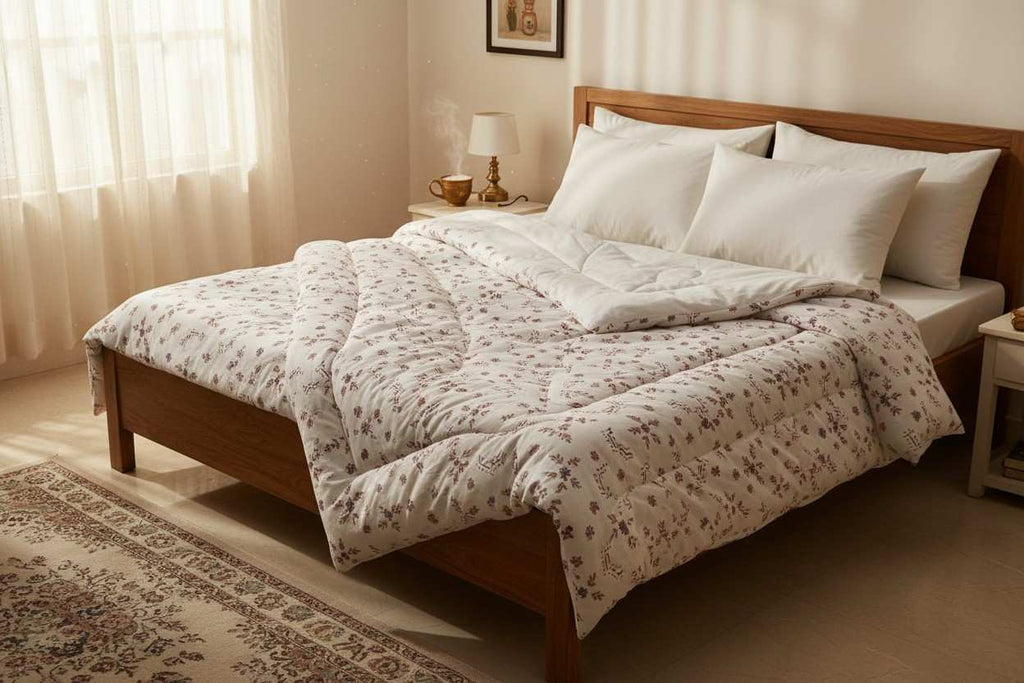 Dohar Double Bed | Floral Bouquet & Geometric Print | 100% Cotton