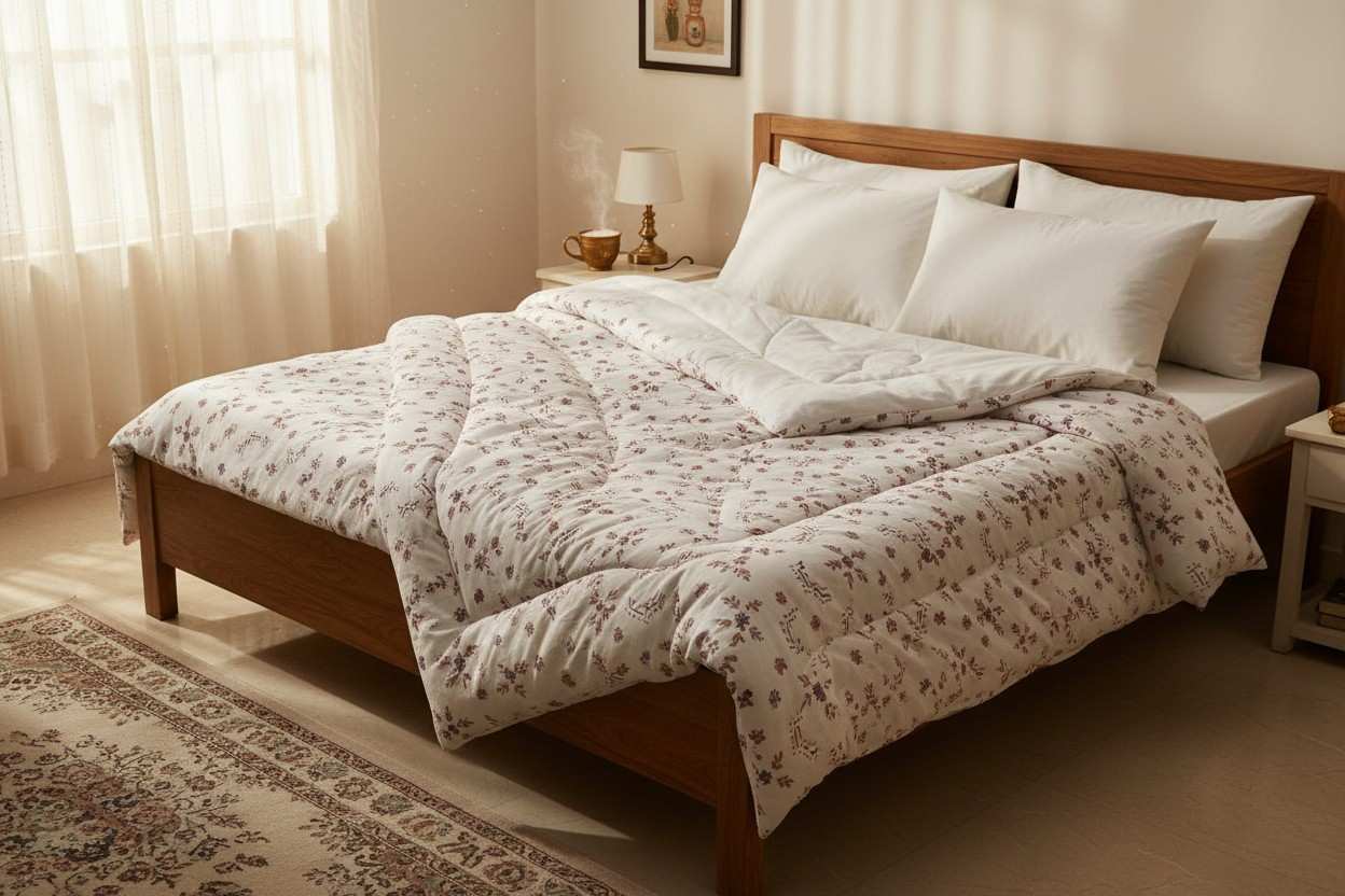 Dohar Double Bed | Floral Bouquet & Geometric Print | 100% Cotton