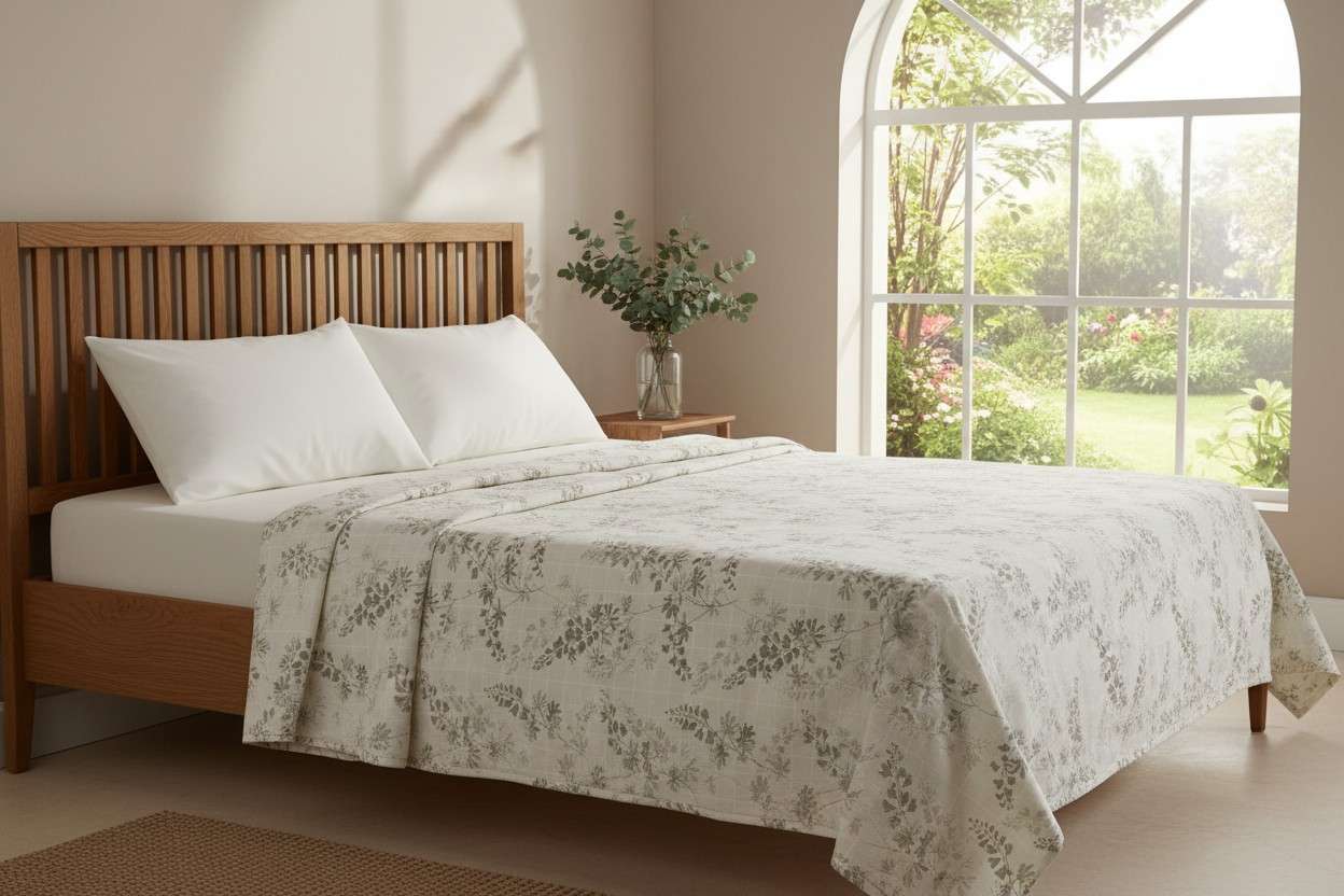 Dohar Double Bed | Silver Botanical Leaf & Vine Print | Reversible | 100% Cotton