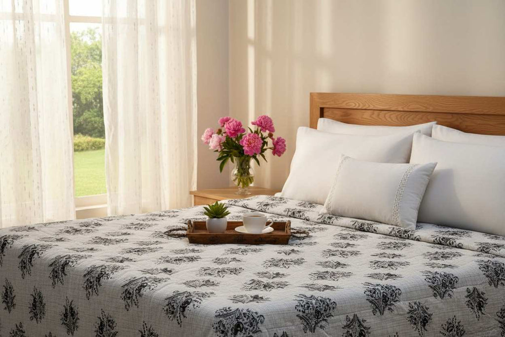 Dohar Double Bed| Mughal Floral Medallion Block Print | Reversible | 100% Cotton
