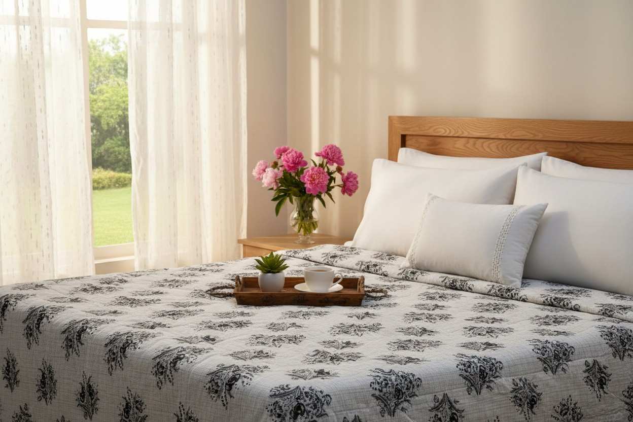 Dohar Double Bed| Mughal Floral Medallion Block Print | Reversible | 100% Cotton