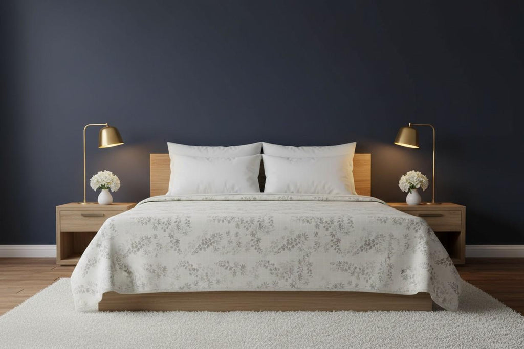 Dohar Double Bed | Silver Botanical Leaf & Vine Print | Reversible | 100% Cotton