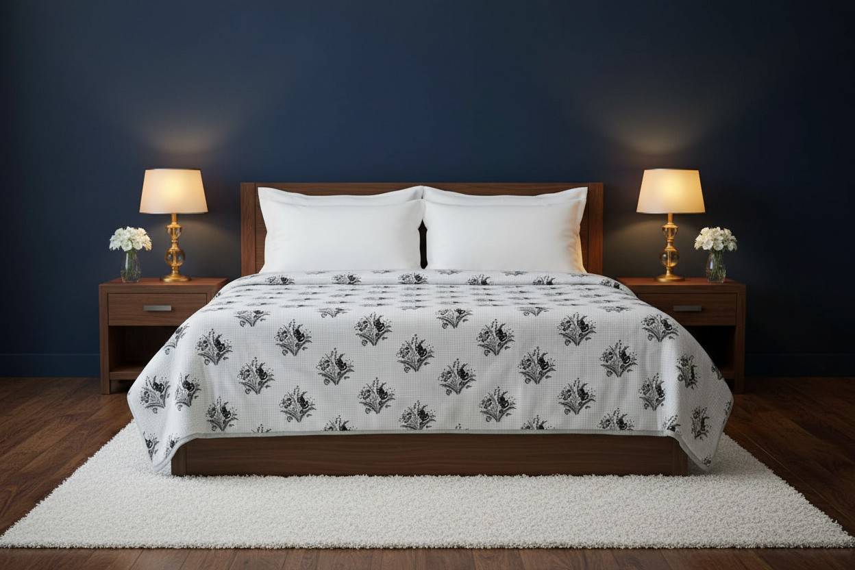 Dohar Double Bed| Mughal Floral Medallion Block Print | Reversible | 100% Cotton