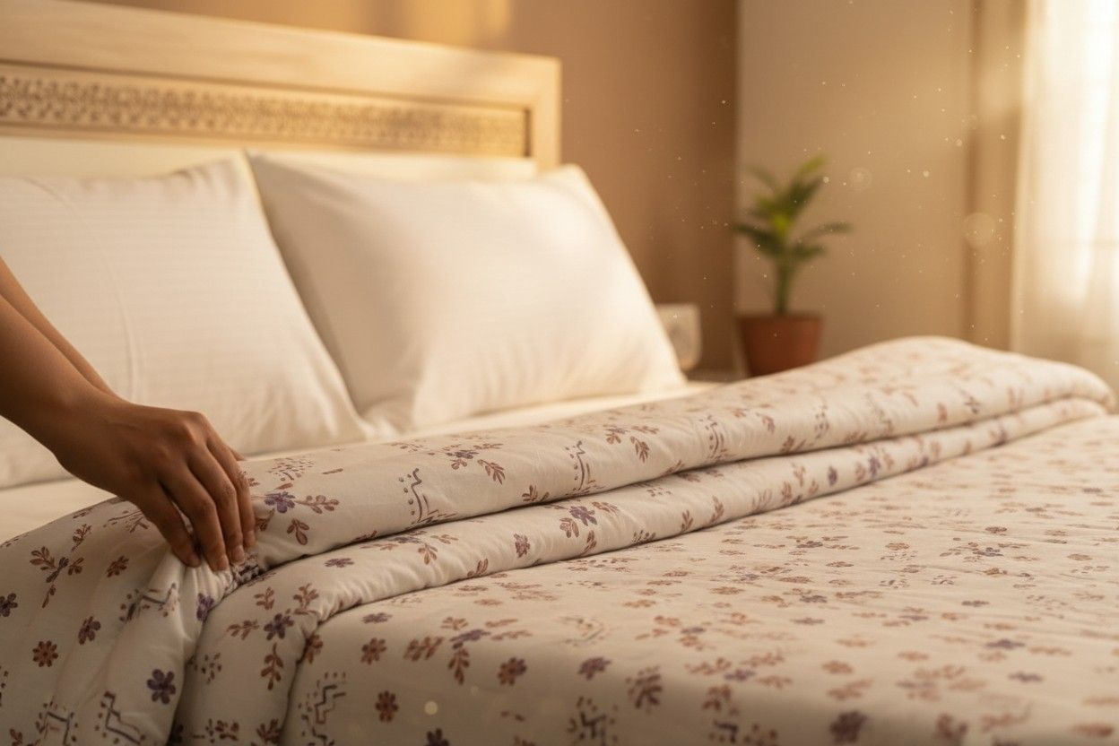 Dohar Double Bed | Floral Bouquet & Geometric Print | 100% Cotton