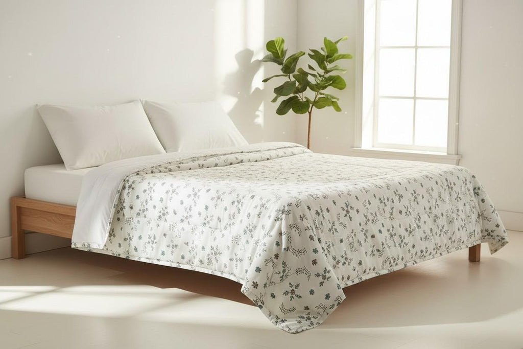 Dohar Double Bed | Teal Floral Bouquet & Geometric Print | 100% Cotton