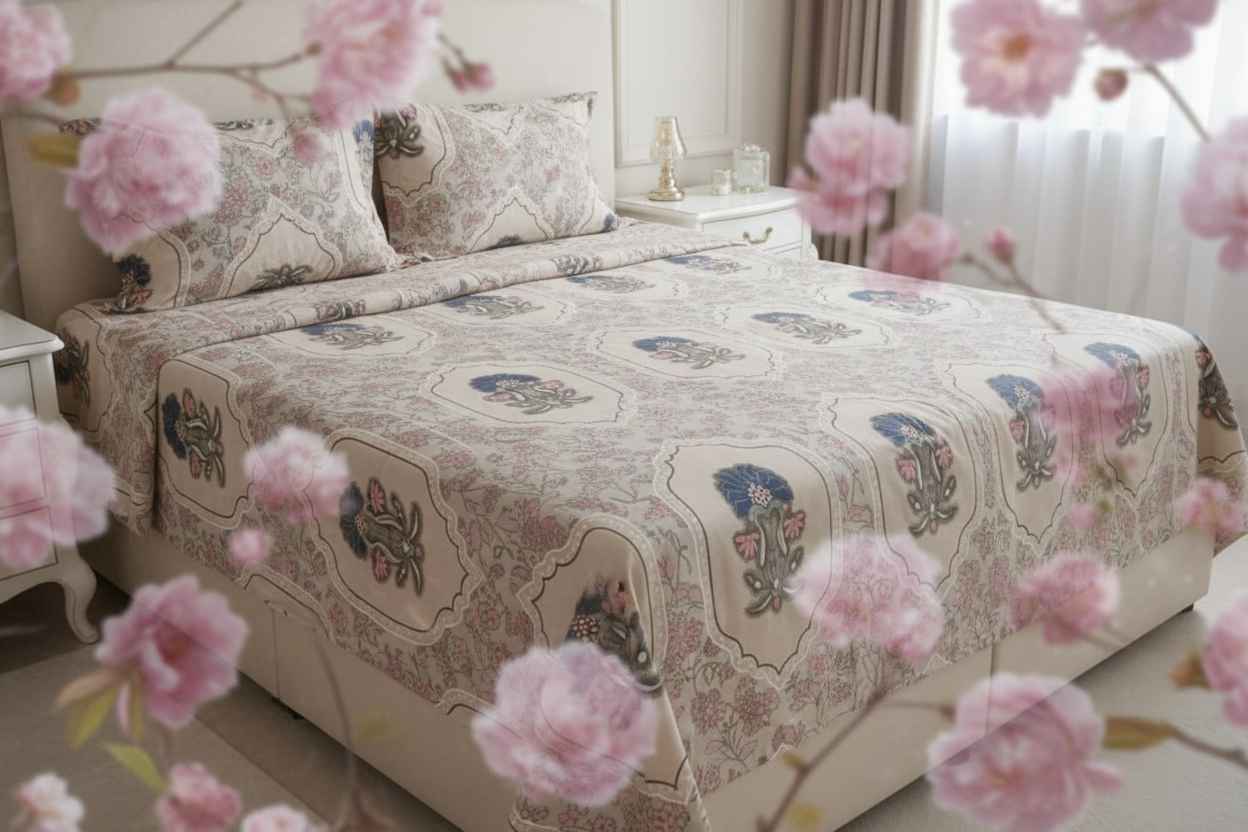 Double Bed Bedsheet – Mughal Floral Print | Beige & Indigo