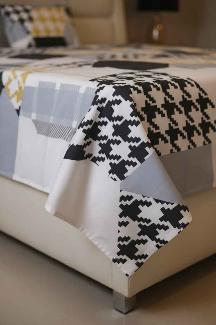 Double Bed Bedsheet – Houndstooth Patchwork | Black, White & Gold