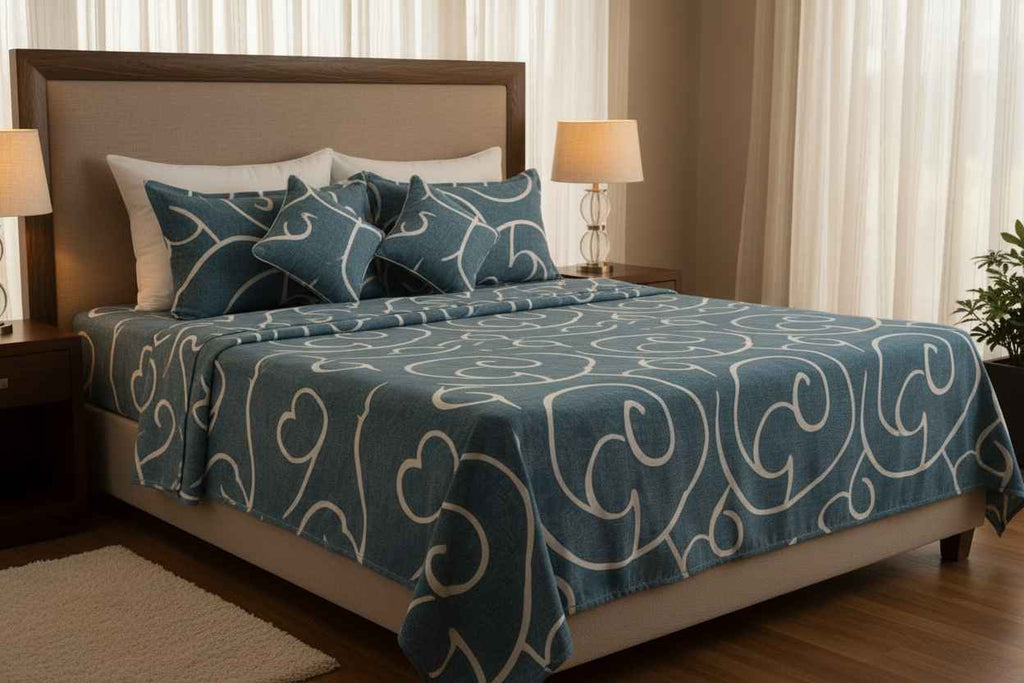 Teal Swirl Print Double Bedsheet with Pillow Covers