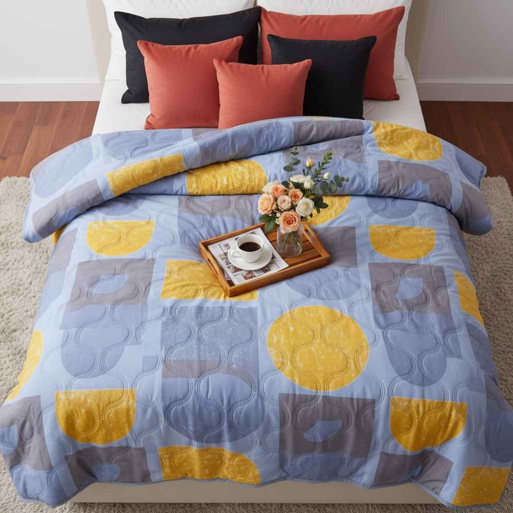 Colorful geometric patterned comforter on a bed with pillows and a tray of coffee and flowers.
