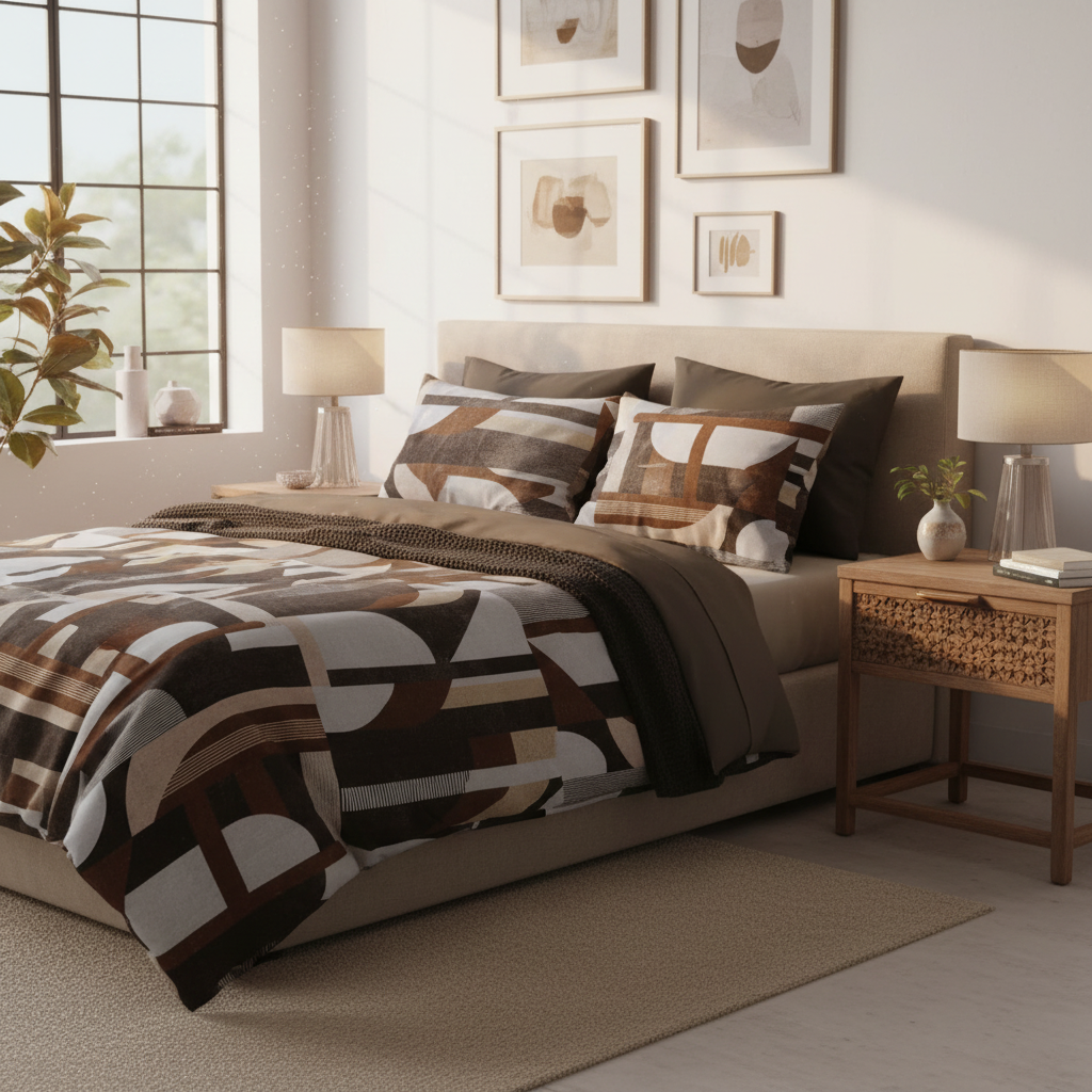 Geometric Bedsheet with Pillow Covers - Beige Brown Striped Pattern with Premium Packing