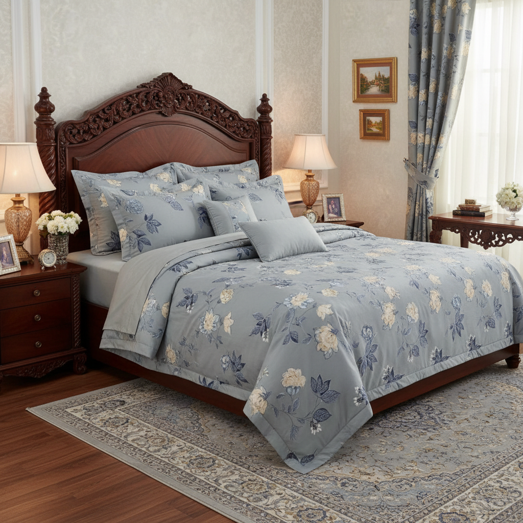 Premium Floral Bed Sheet Set - Grey with Cream Blue Bird & Flower Design with Pillow Covers - Queen Size