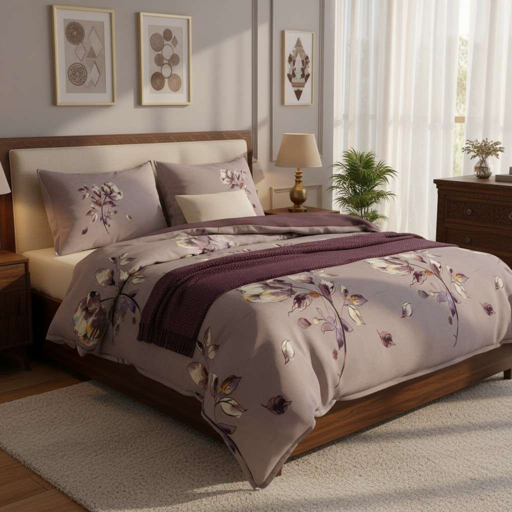 Mauve Magnolia Bedsheet King Size 7D Digital Print with 2 Pillow Covers - 108x108 inch