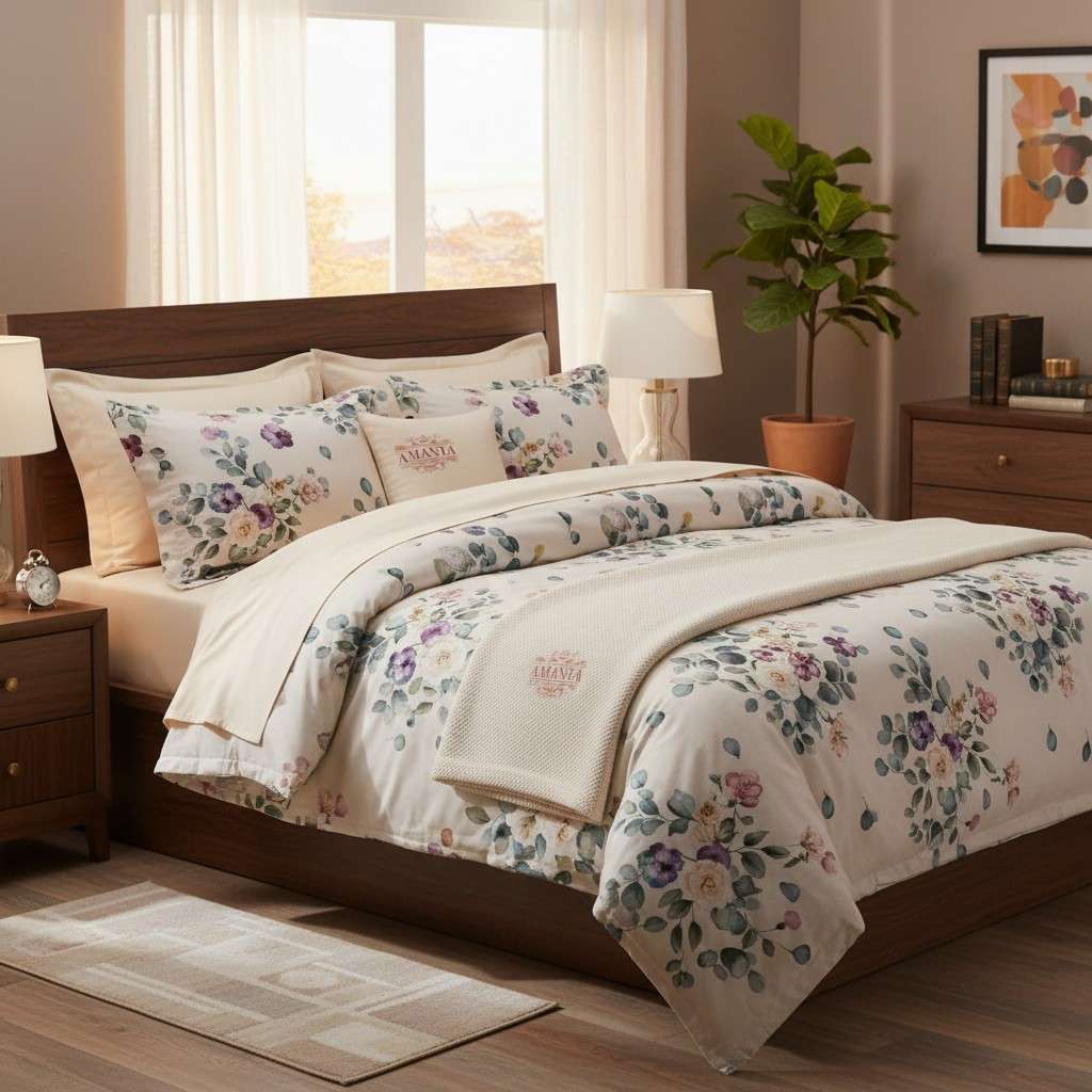 Eucalyptus Floral King Size Bedsheet - 7D Digital Print with 2 Pillow Covers - 108x108 inch