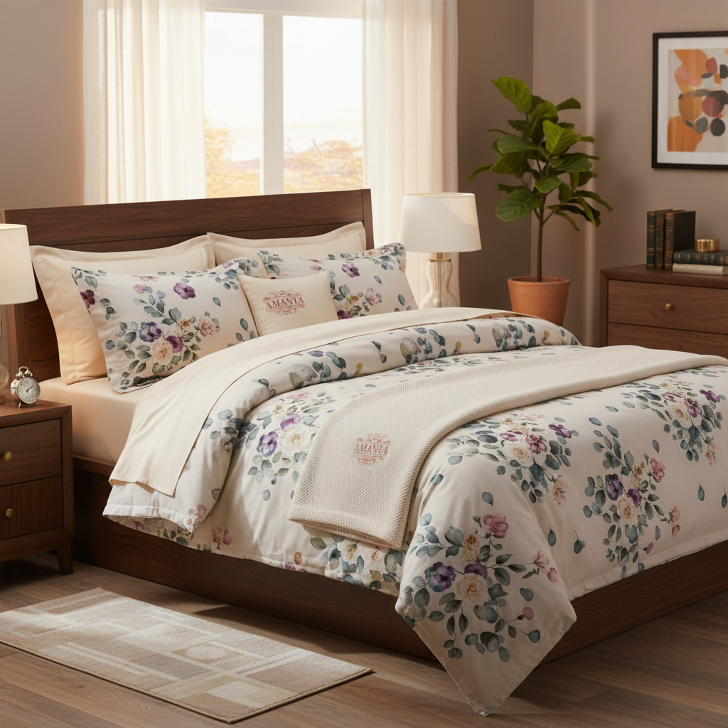 Eucalyptus Floral King Size Bedsheet - 7D Digital Print with 2 Pillow Covers - 108x108 inch