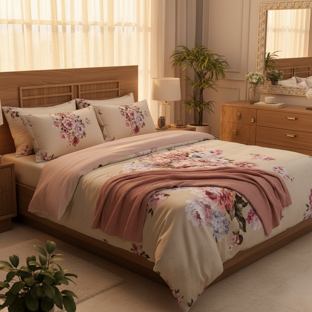 Romantic Pastel Floral Bedsheet King Size 7D Digital Print with 2 Pillow Covers - 108x108 inch