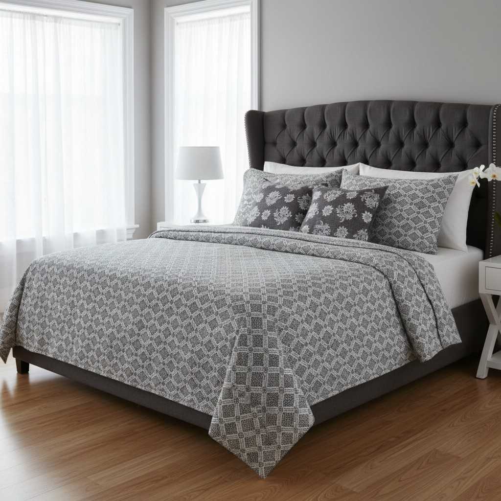 100% Pure Cotton King Size Bedsheet Set | Grey White Geometric Diamond Pattern | 108x108 Inches