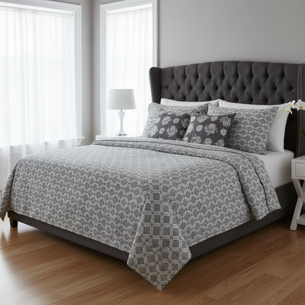 100% Pure Cotton King Size Bedsheet Set | Grey White Geometric Diamond Pattern | 108x108 Inches