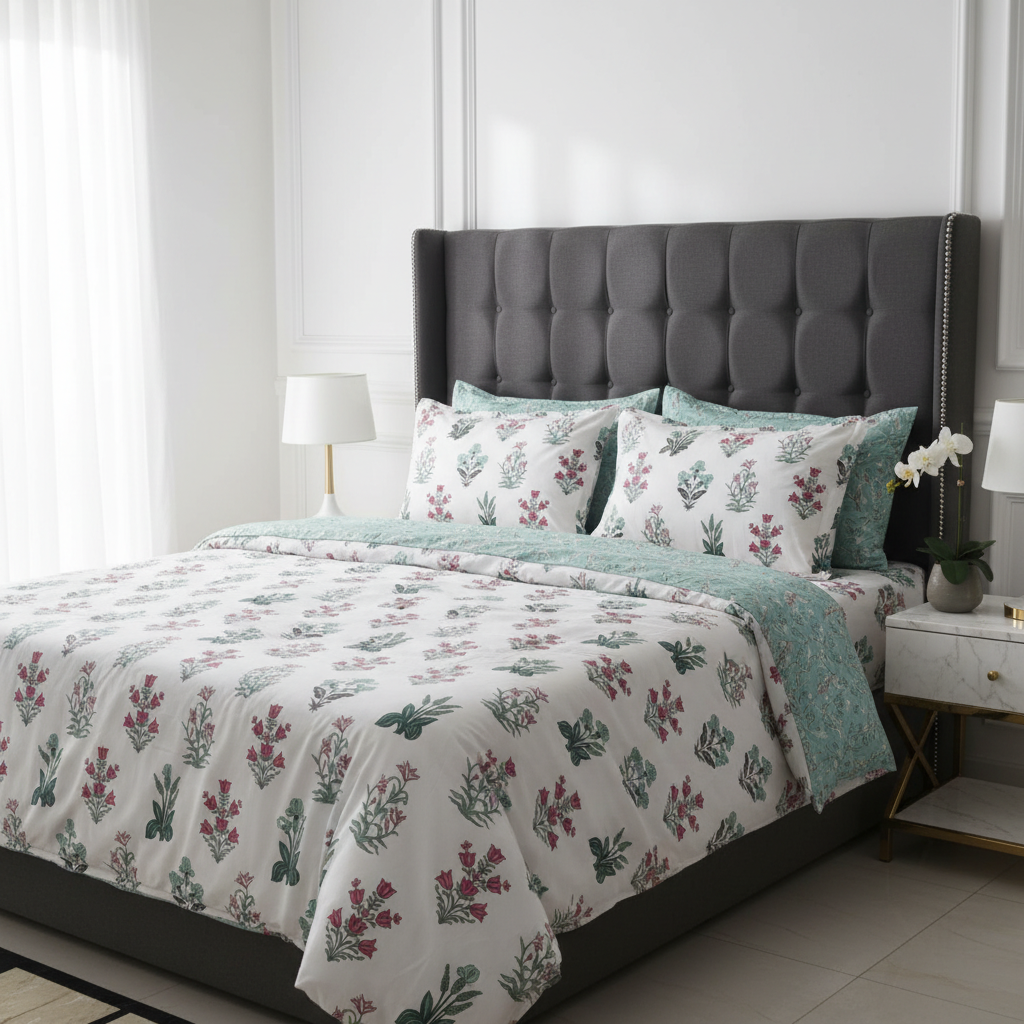 Summer Dohar Double Bed | Pink Teal Floral Bell Pattern 100% Cotton