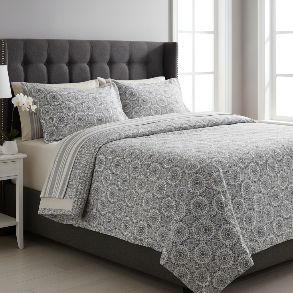 100% Pure Cotton King Size Bedsheet Set | Grey White Mandala Geometric Pattern | 108x108 Inches