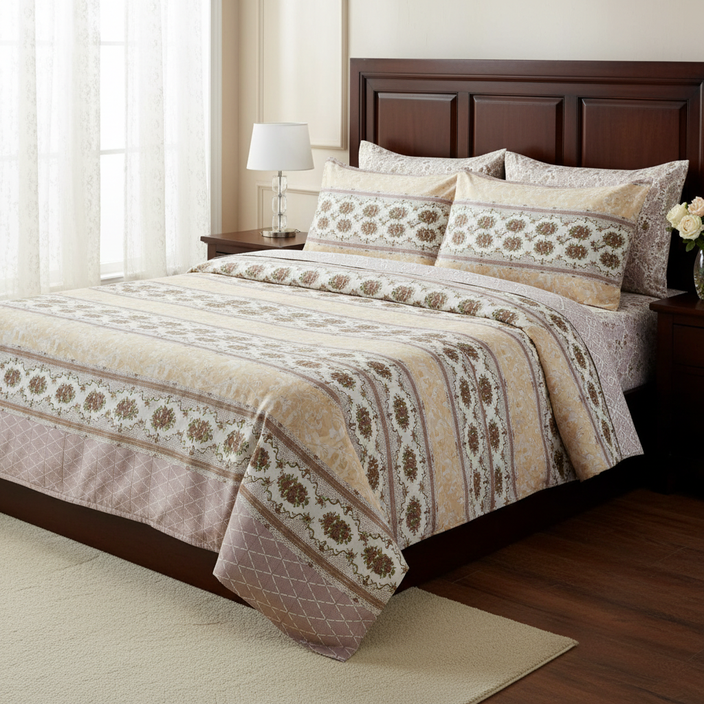 100% Pure Cotton King Size Bedsheet Set | Brown Green Floral Rose Stripe Pattern | 108x108 Inches