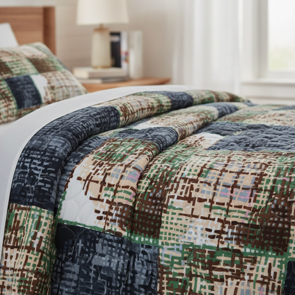 Queen Size Geometric Checkered Bed Sheet Set | 90x100 Inches | 2 Quilted Pillow Covers
