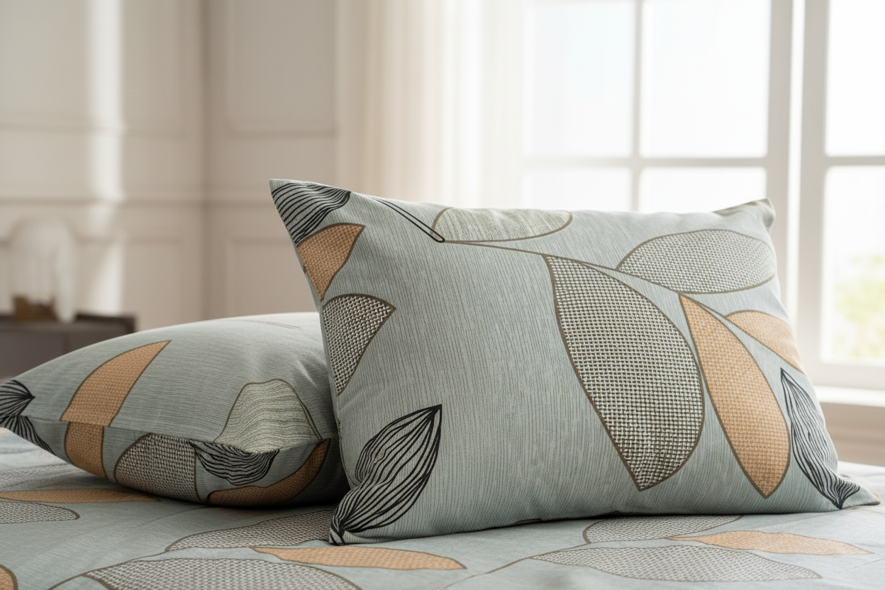 Fitted Elastic Queen Bedsheet with 2 Pillow Covers - Elegant Leaf Grey Beige Black