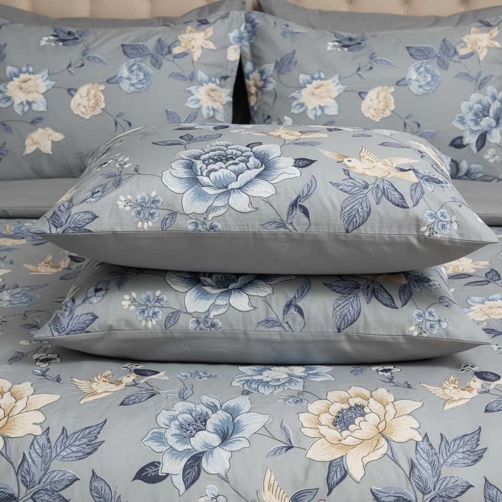 Premium Floral Bed Sheet Set - Grey with Cream Blue Bird & Flower Design with Pillow Covers - Queen Size