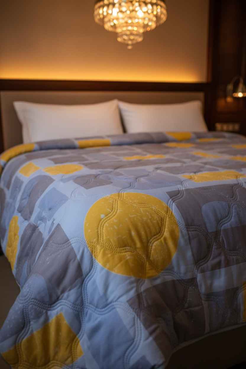 Blue Grey & Yellow Geometric Double Bed Comforter | Modern Quilted