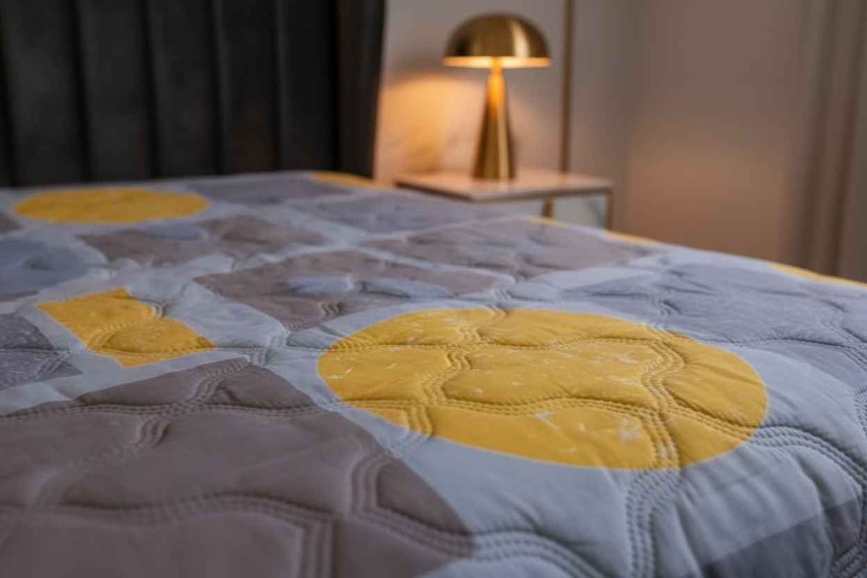 Blue Grey & Yellow Geometric Double Bed Comforter | Modern Quilted