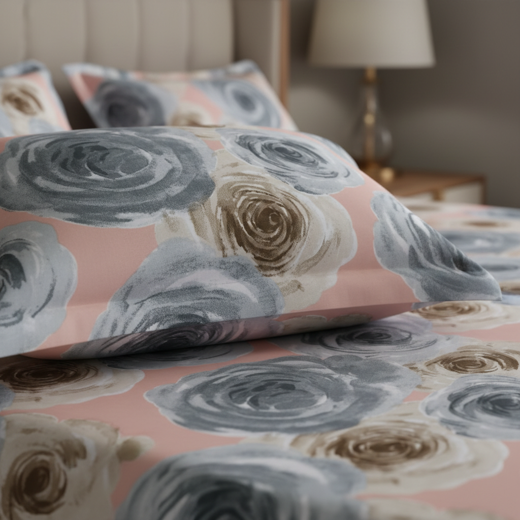 Premium Bedsheet Set with Pillow Covers - Grey & Beige Rose Pattern with Premium Packing