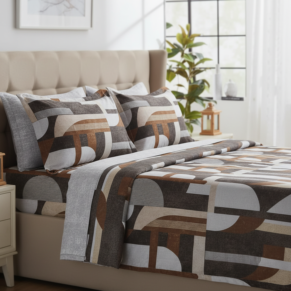 Geometric Bedsheet with Pillow Covers - Beige Brown Striped Pattern with Premium Packing