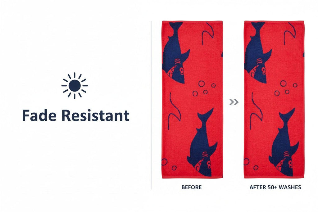 Kids Cotton Bath Towel | Red & Navy Blue Shark Print | Boys & Girls