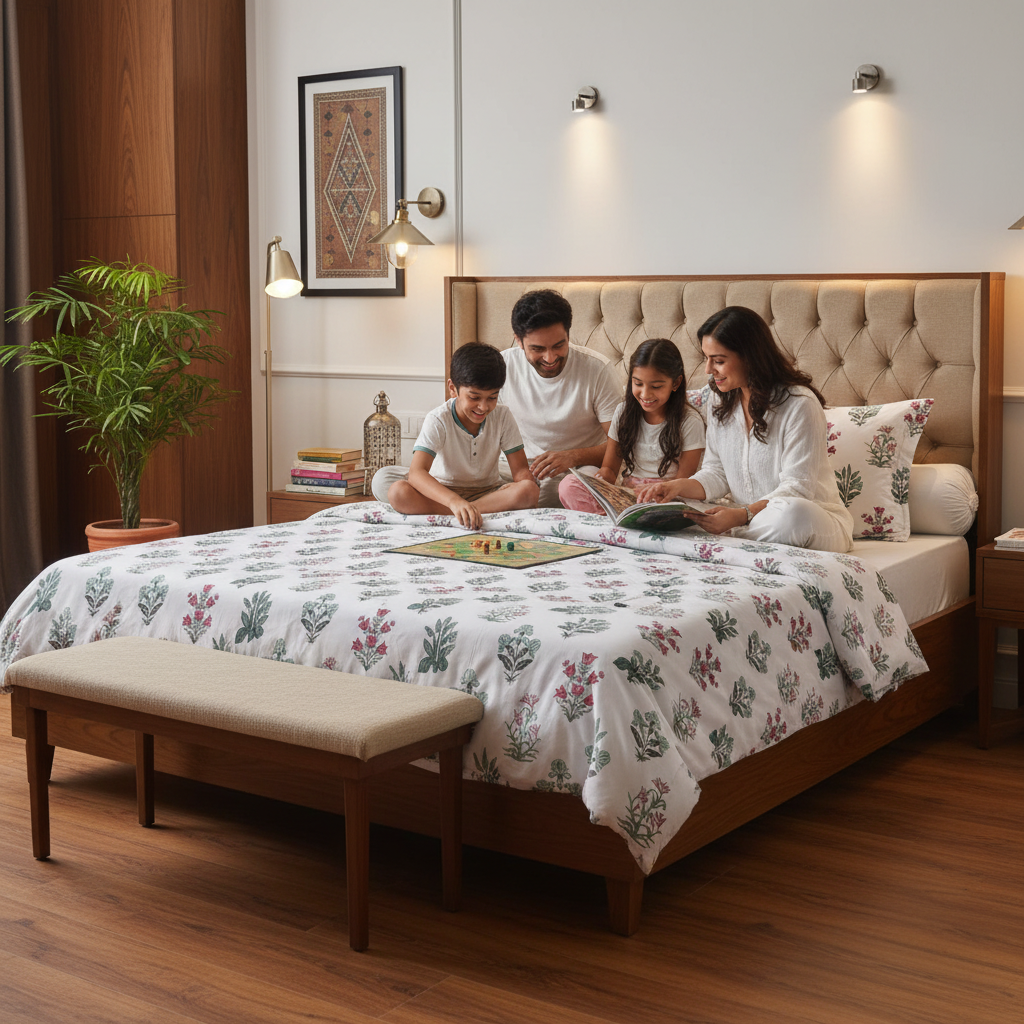 Summer Dohar Double Bed | Pink Teal Floral Bell Pattern 100% Cotton