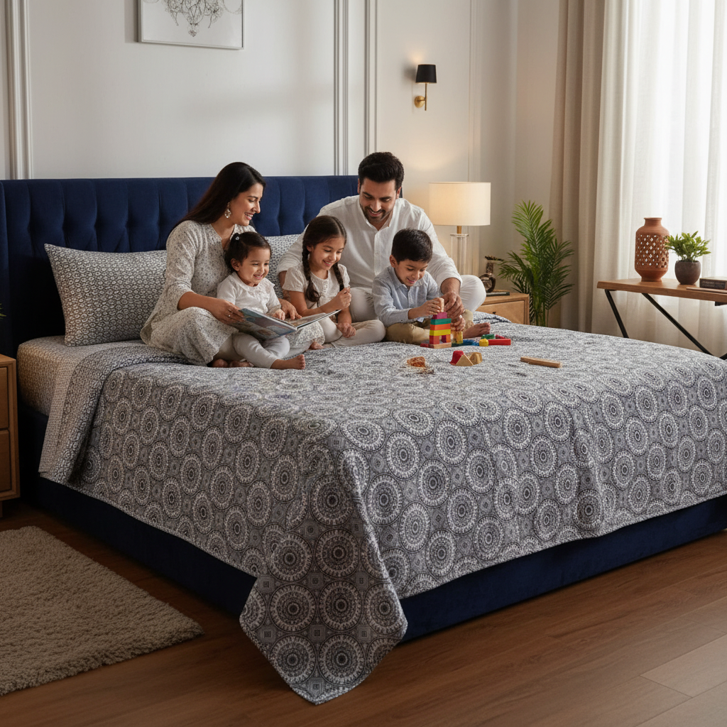 100% Pure Cotton King Size Bedsheet Set | Grey White Mandala Geometric Pattern | 108x108 Inches