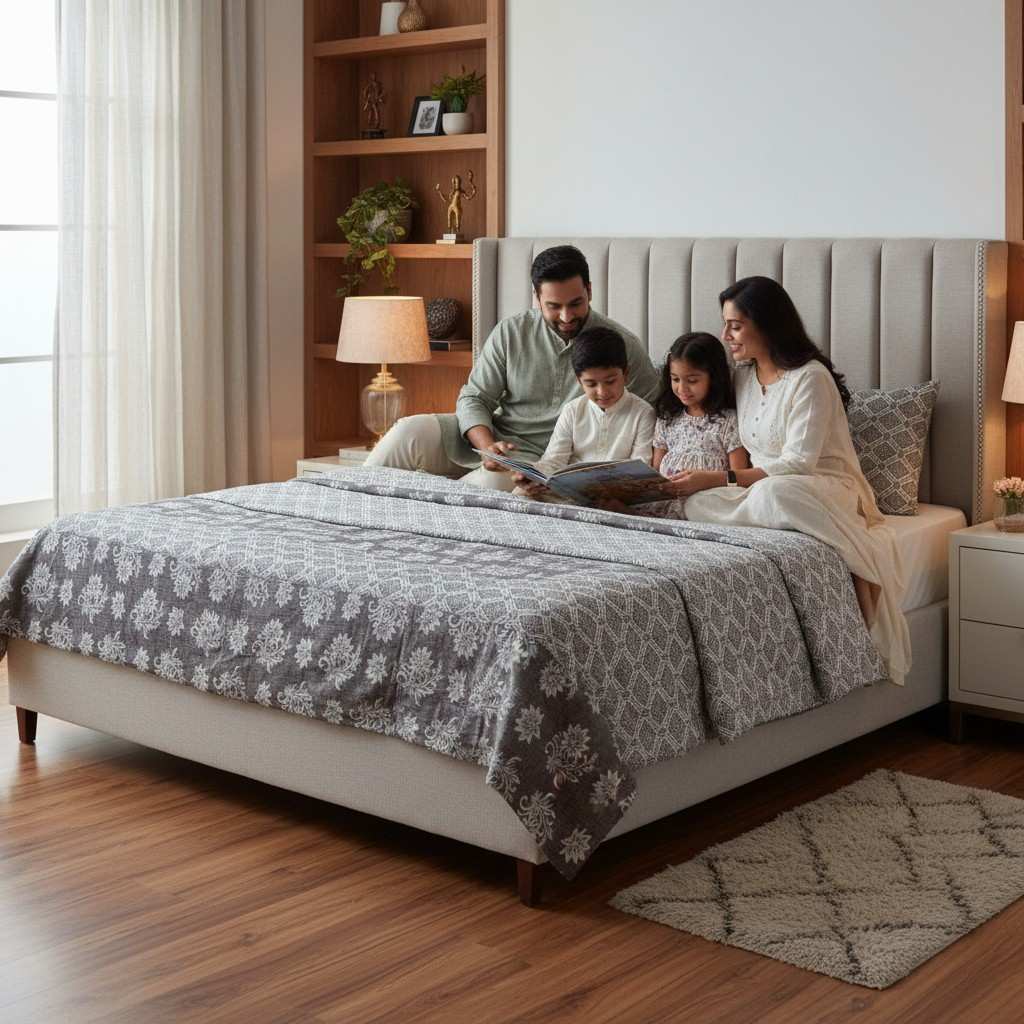 100% Pure Cotton King Size Bedsheet Set | Grey White Geometric Diamond Pattern | 108x108 Inches